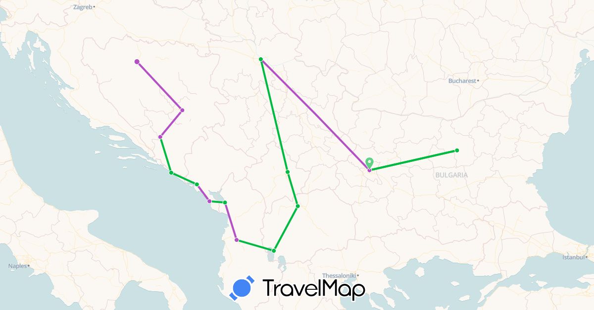 TravelMap itinerary: driving, bus, train in Albania, Bosnia and Herzegovina, Bulgaria, Croatia, Montenegro, Macedonia, Serbia, Kosovo (Europe)